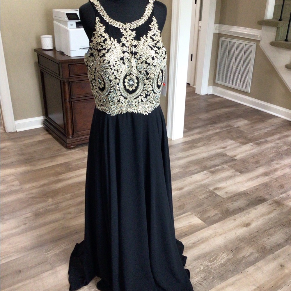NEW! Beautiful Black gown with gold embroidered corset style bust.